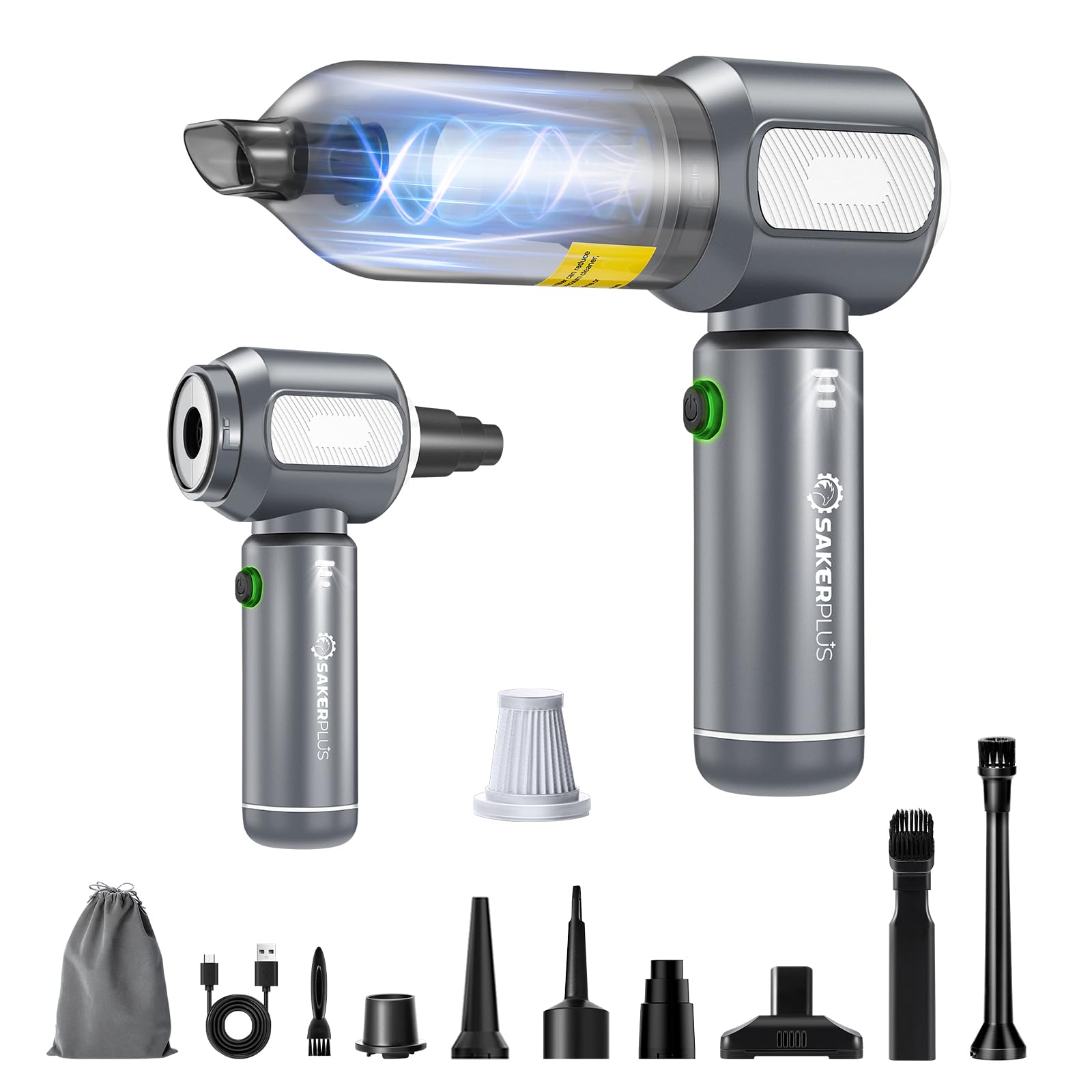 Sakerplus Mini Vacuum Cleaner, Cordless Car Vacuum, 17500PA High Suction, 3 in 1 Handheld Vacuum, Vacuuming, Blowing, Inflating, Deflation, Portable