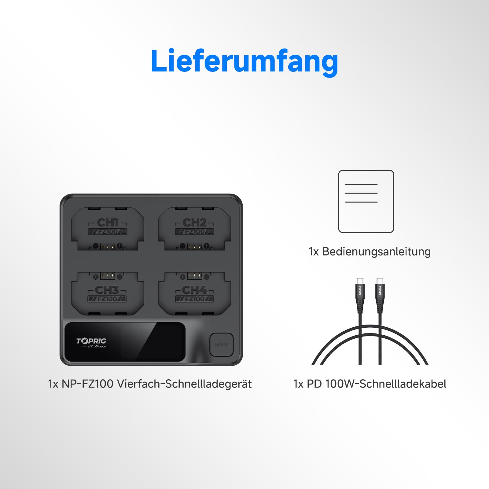 Toprig NP-FZ100 4-Kanal Kamera-Akku-Ladegerät, USB-C PD 60W Schnellladung, LCD-Display, tragbares Design, Kompatibel mit Sony A7iii, A7iv, A7RIII, A7C, FX3, FX30, ZV-E1 Camcorder-AkkuLadegerät
