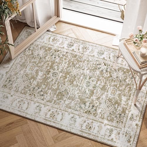 jinchan Fiora Floral 2x3 Rugs for Entryway - Vintage Washable Small Non-Slip Distressed Indoor Doormat Ultra-Thin Low-Pile Accent Rug for Entrance Kit