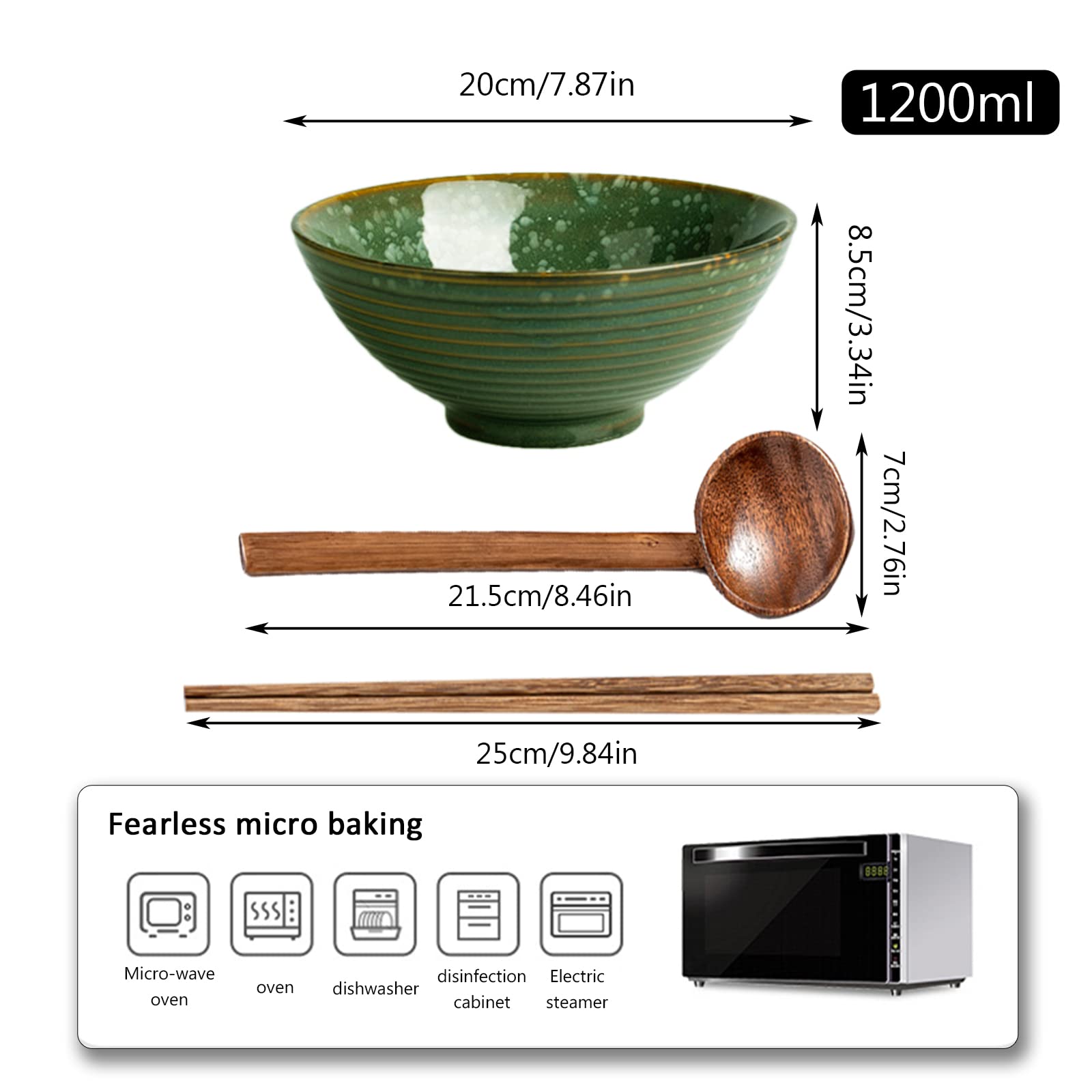 Set di 2 Ciotole per Ramen in Ceramica 1200ml Ciotola per Zuppa Giapponese con Bacchette e cucchiai, Lavastoviglie e Microonde Sicuro
