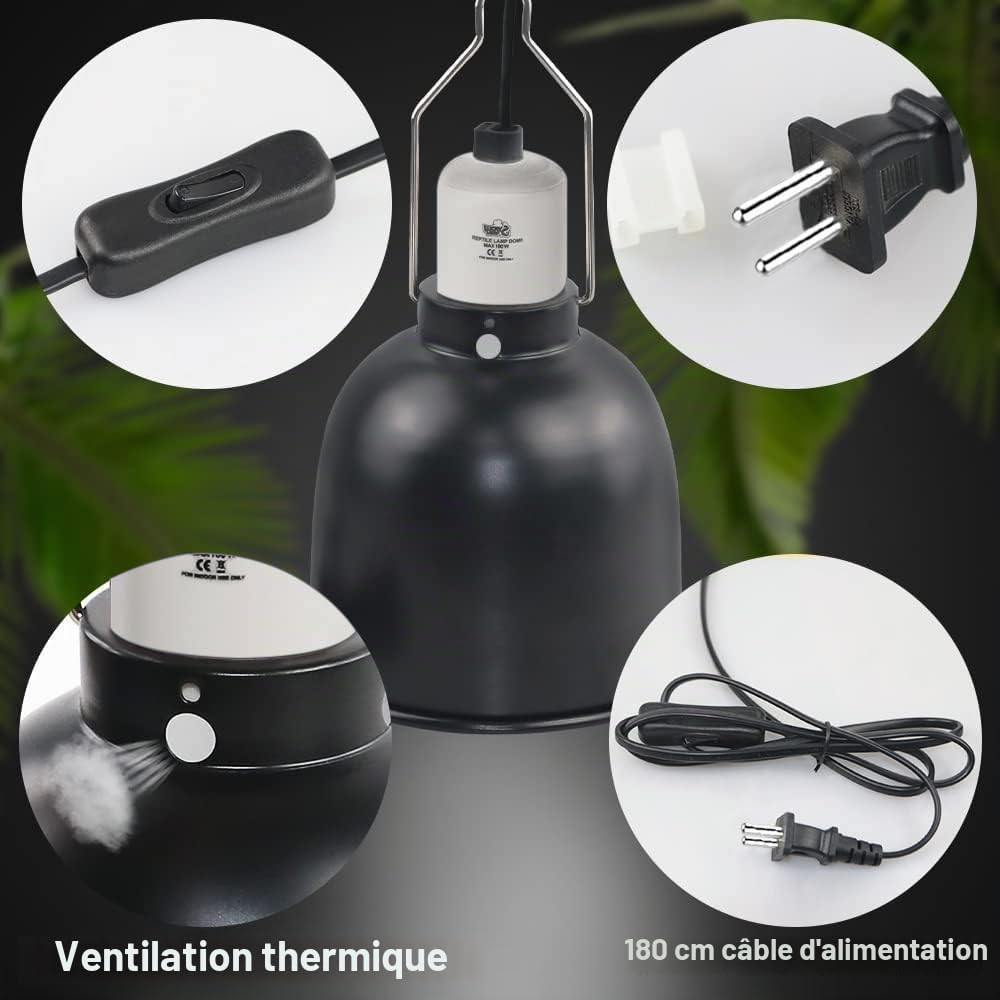 LUCKY HERP Lampe chauffante pour Terrarium en dôme, UVA/UVB 100W pour reptiles avec réflecteur en aluminium