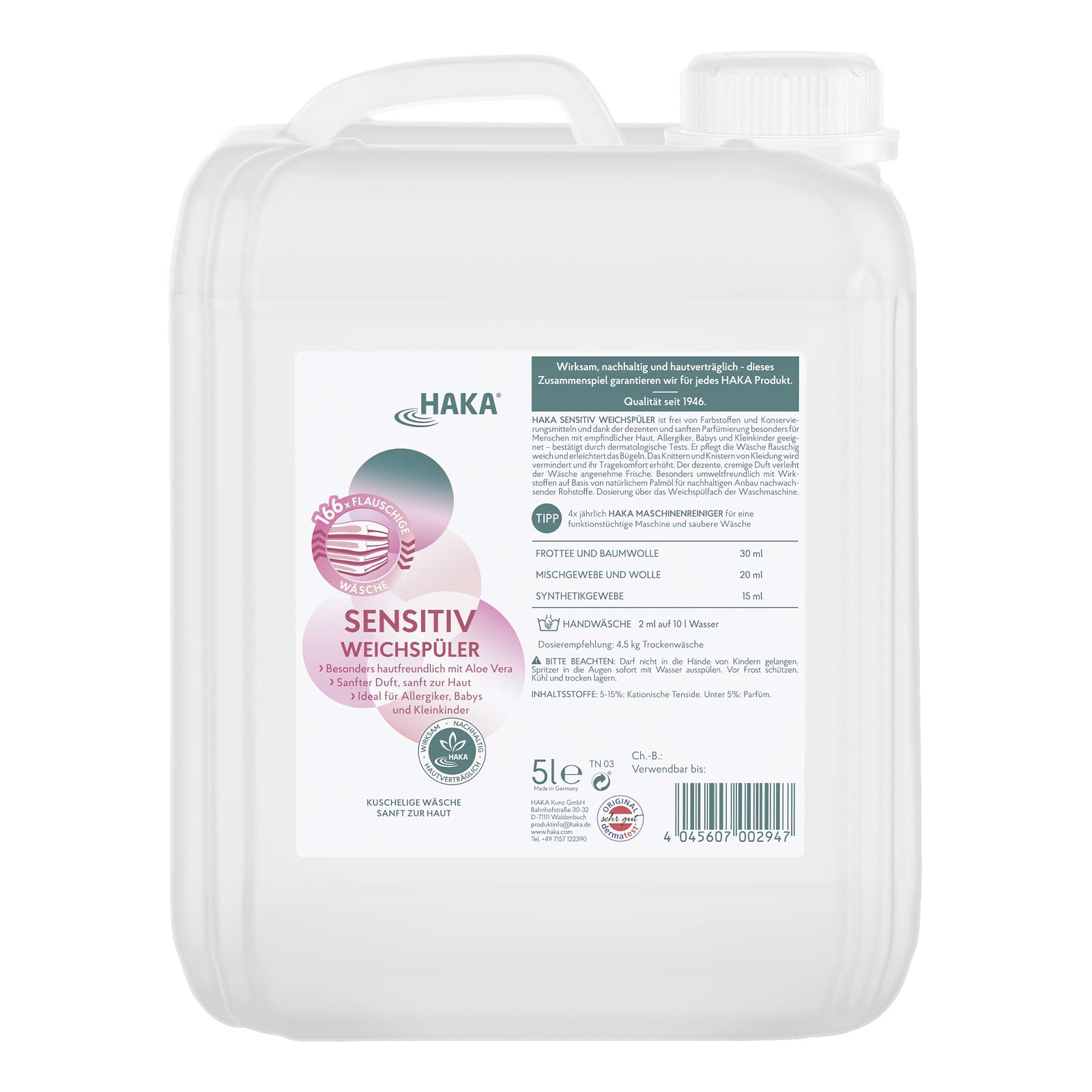 HAKA Sensitiv Weichspüler Nachfüller, 5L (166 Waschladungen), extra flauschige Wäsche, ideal für Allergiker, Babys & empfindliche Haut, vegan