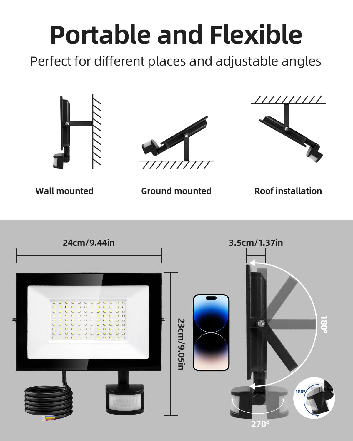 Faretto LED da Esterno con Sensore di Movimento, 100W Faretto LED da Esterno Sensore con Telecomando, 10000LM 6500K Farettos LEDs con Sensore Impermeabili IP66 per Giardino,Cortile,Garage