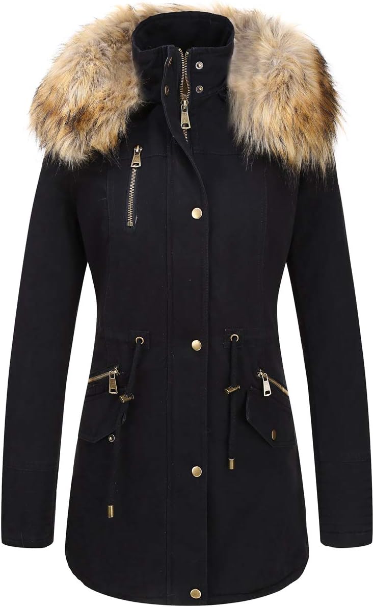 BelliveraWomen Twill Parka Jacket, Winter Fashion Warm Long Hood Coat with Faux Fur Collar