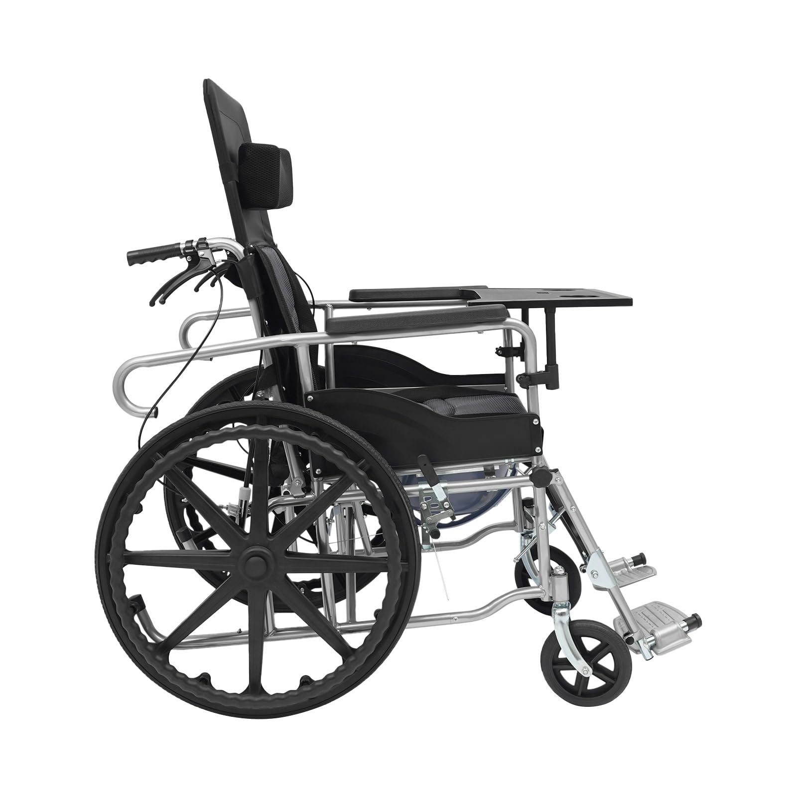 Silla de ruedas reclinable con respaldo de 90 – 180 ° y altura ajustable 89 – 121 cm, silla de ruedas de transporte de hasta 100 kg con protección antivuelco y rueda de freno, silla de ruedas