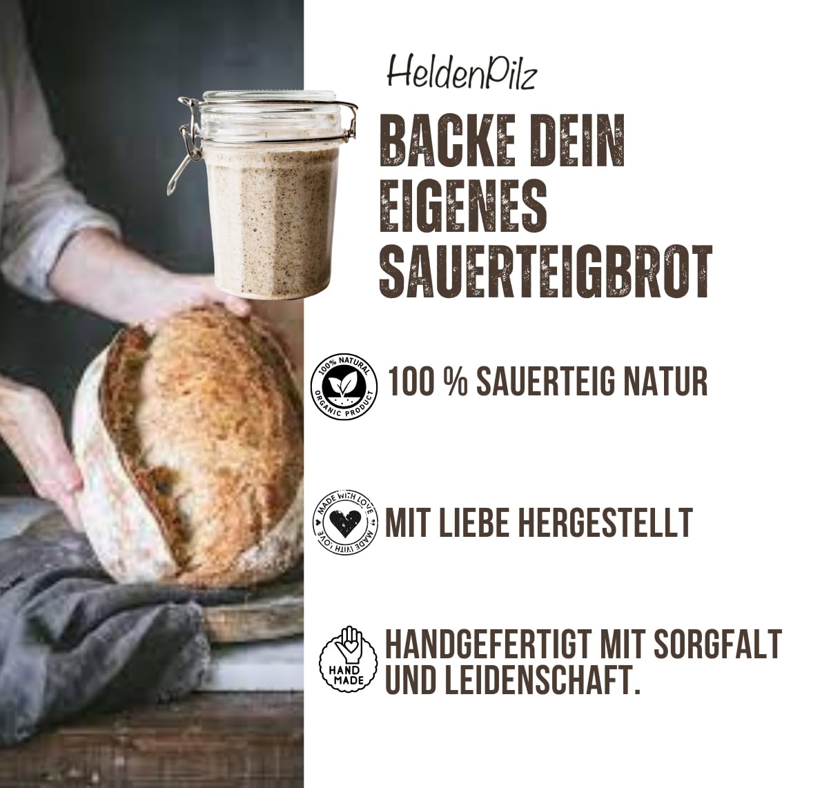 HeldenPilz Juego de cestas de fermentación – Bio masa madre Starter incluye cesta, vaso de vidrio fermentado, tarjeta de acero inoxidable y batidor danés