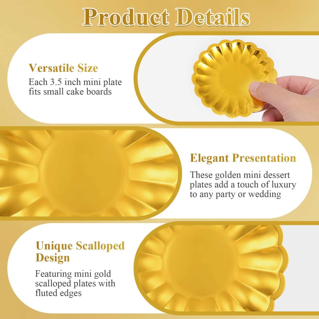 DOITOOL 120 Pcs Mini Dessert Plates 3.5 Inch Gold Paper Plates, Disposable Small Cupcake Trays with Scalloped Rim for Appetizer, Pastry Display, Wedding & Party Supplies