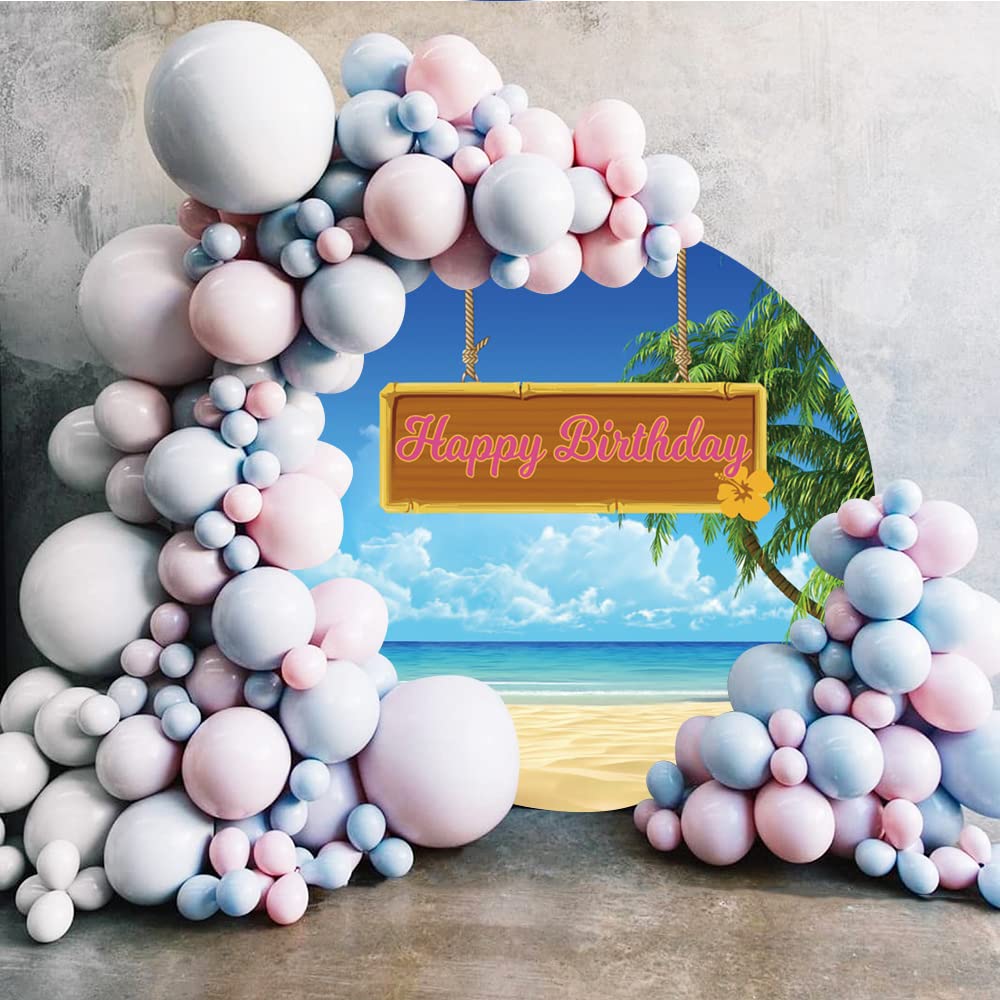 2,3 x 2,3 m przyjęcie urodzinowe tło tkanina prosta plaża motyw Happy Birthday baner kreskówka wisząca drewniana deska palma strzelanie tło koło tło na baby shower dekoracja