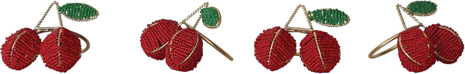Creative Co-Op 4-Piece Round Handmade Glass Beaded Cherry Napkin Rings with Gold Cord, Red, Green and Gold Finish
