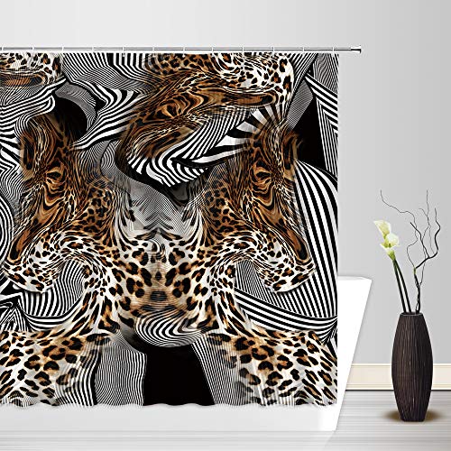 Leopard Zebra Print Shower Curtain Brown Black African Wild Animal Cheetah Zebra Skin Print Stripes Abstract Creative Modern Bathroom Decor Fabric Curtain with 12 Hooks?71x71 Inch