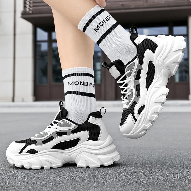Chunky Colorblock Lace-Up Sneakers for Women – Black Sporty Platform Shoes, Trendy Fit Footwear for Casual Wear3