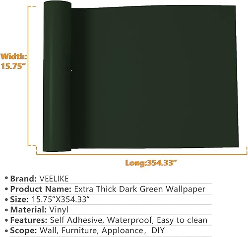 Miniatura 2 de VEELIKE Papel tapiz autoadhesivo verde oscuro, papel adhesivo verde sólido, impermeable, película de vinilo decorativa para paredes, encimeras,