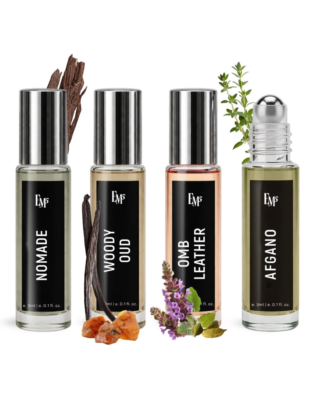 EM5 Set of 4 Pure Perfume Oil (Attar) Roll-On Masculine Set - FDA Approved, Skin Safe, IFRA Compliant | Alcohol Free & Travel Friendly | Nomade, Woody Oud, Omb Leather & Afgano | Strong & Long Lasting Roll On Perfume | Luxury Gift For Men | 3ml x 4-image-46
