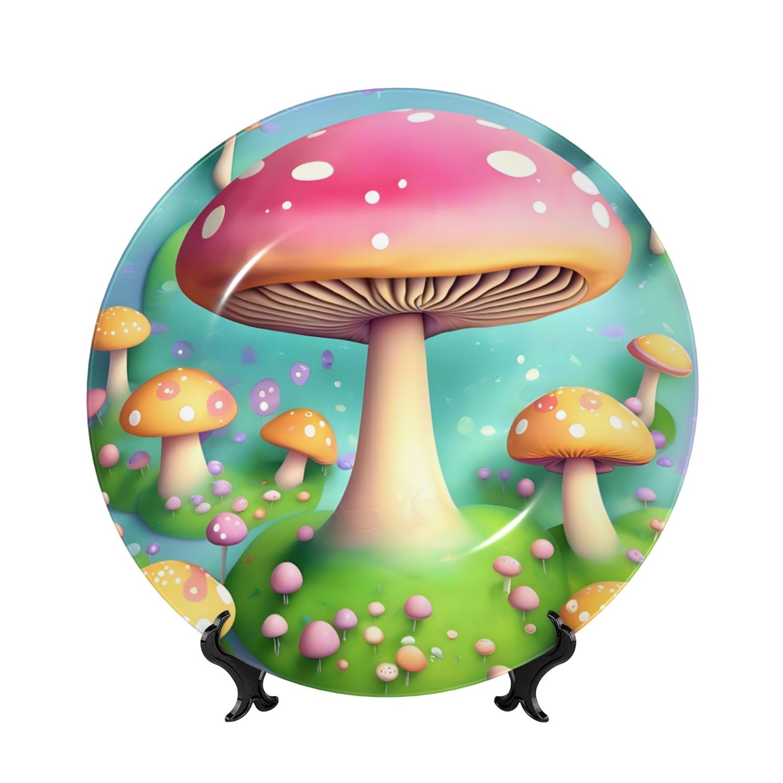 SXZVVBN Wonderful little mushrooms Bone China Decorative Plate Art with Stand Removable Adhesive Hanging for Home Office 7in