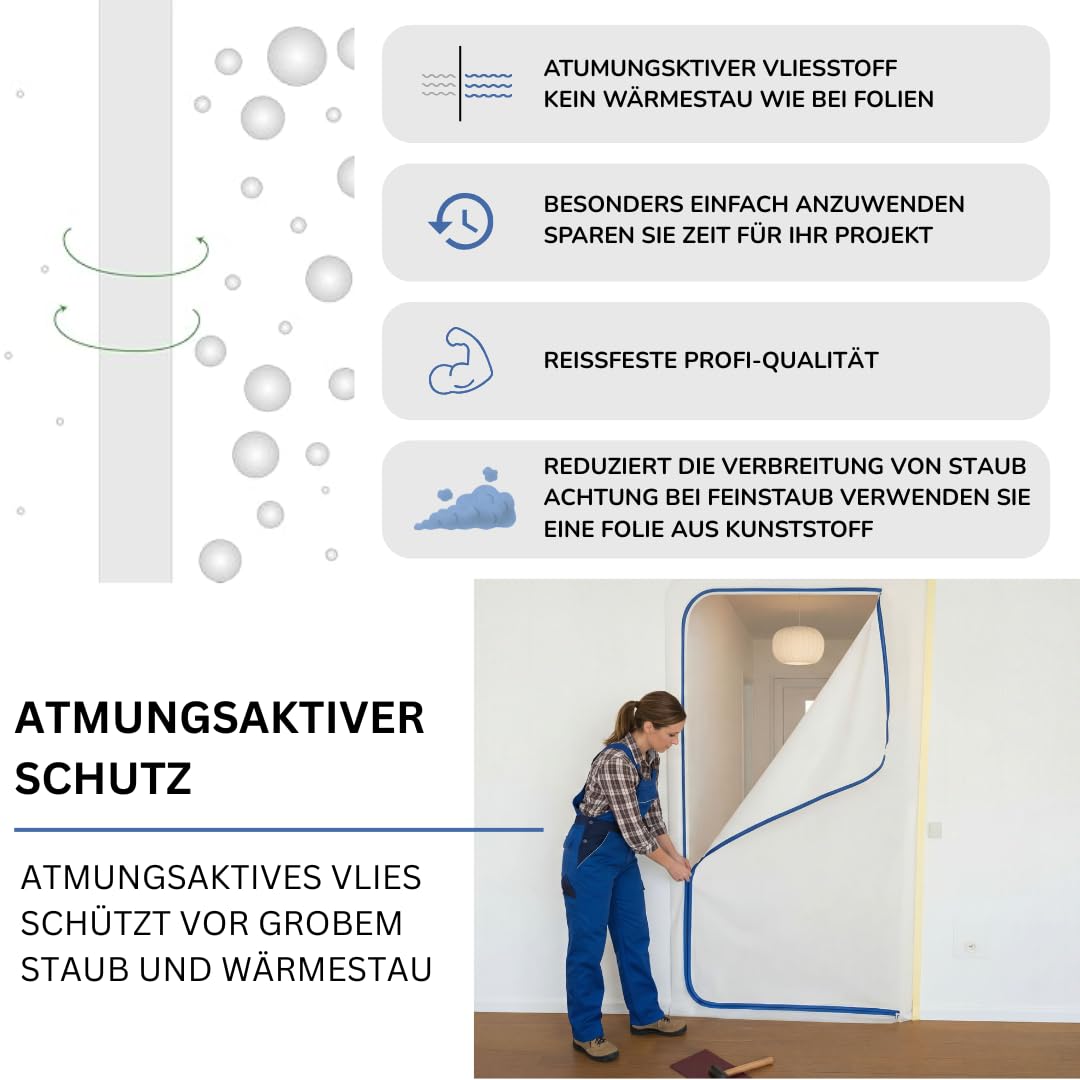 Pangolino Lot de 2 portes anti-poussière en non-tissé (PP) - 2 pièces + 2 bandes crêpées - Pour porte de construction en polypropylène non tissé résistant à la poussière