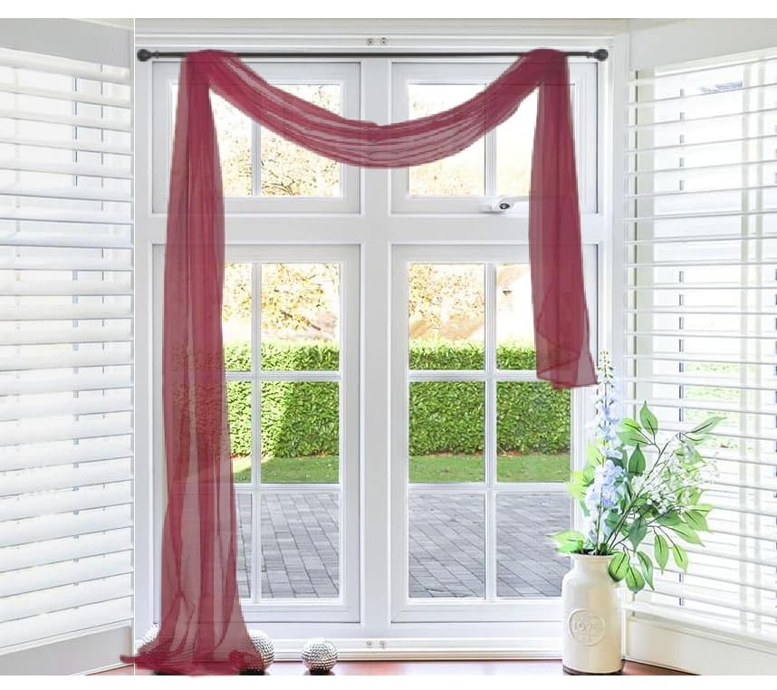 1 Solid Sheer Voile Window Scarf Valance for Home/Restaurant/Party Decor 216" Long x 37" Wide (Burgundy Dark Red)