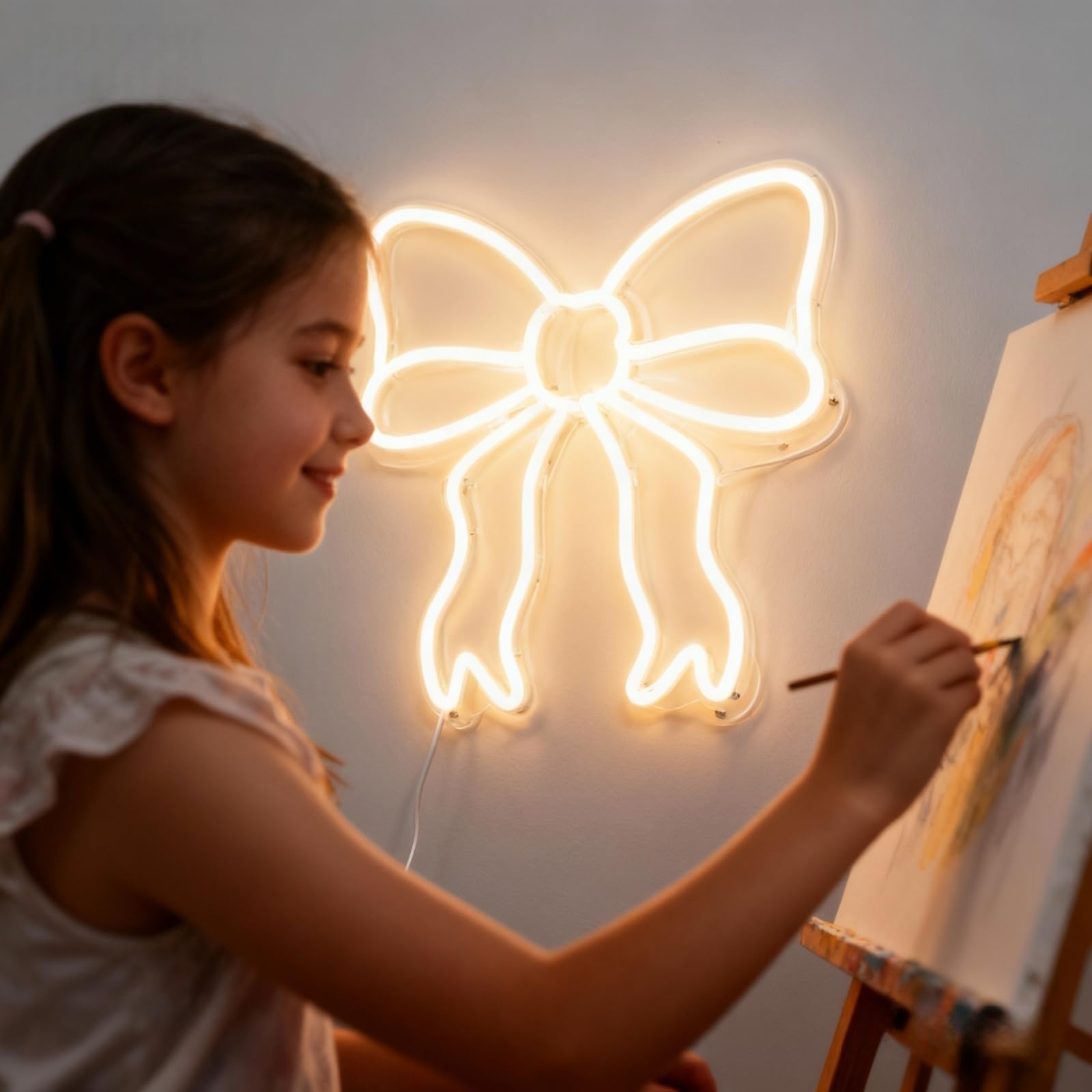Decorazione con fiocco, decorazione per la stanza, regali per fidanzata, dormitorio delle ragazze, camera da letto, regali per studenti, feste, colleghi e bambini, insegna al neon bianca 30 x 30