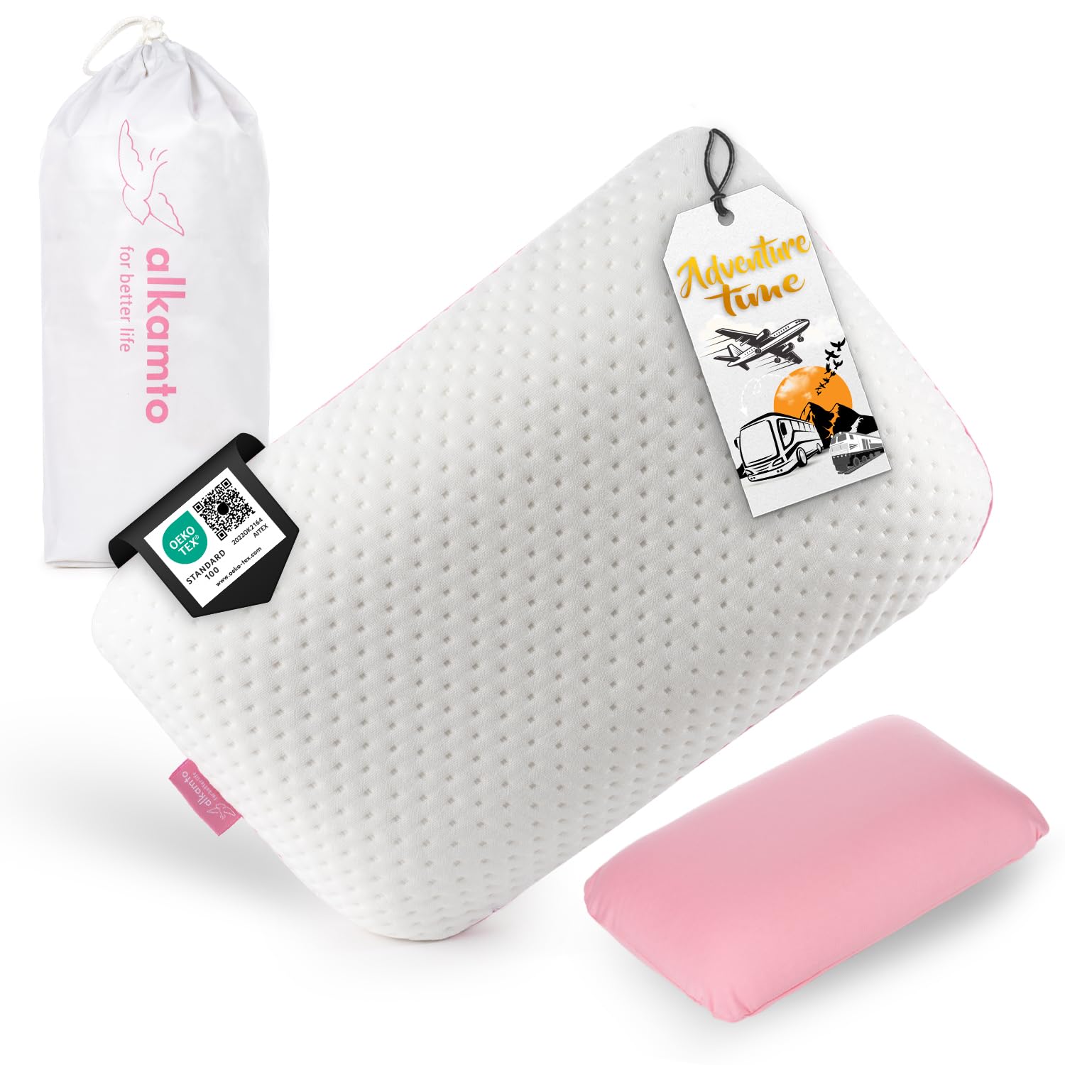 alkamto Reisekissen – Campingkissen – Ergonomisches Memory-Schaum-Kissen mit Temperaturregulierendem Bezug – Extra Baumwollbezug – Inklusive Reisetasche