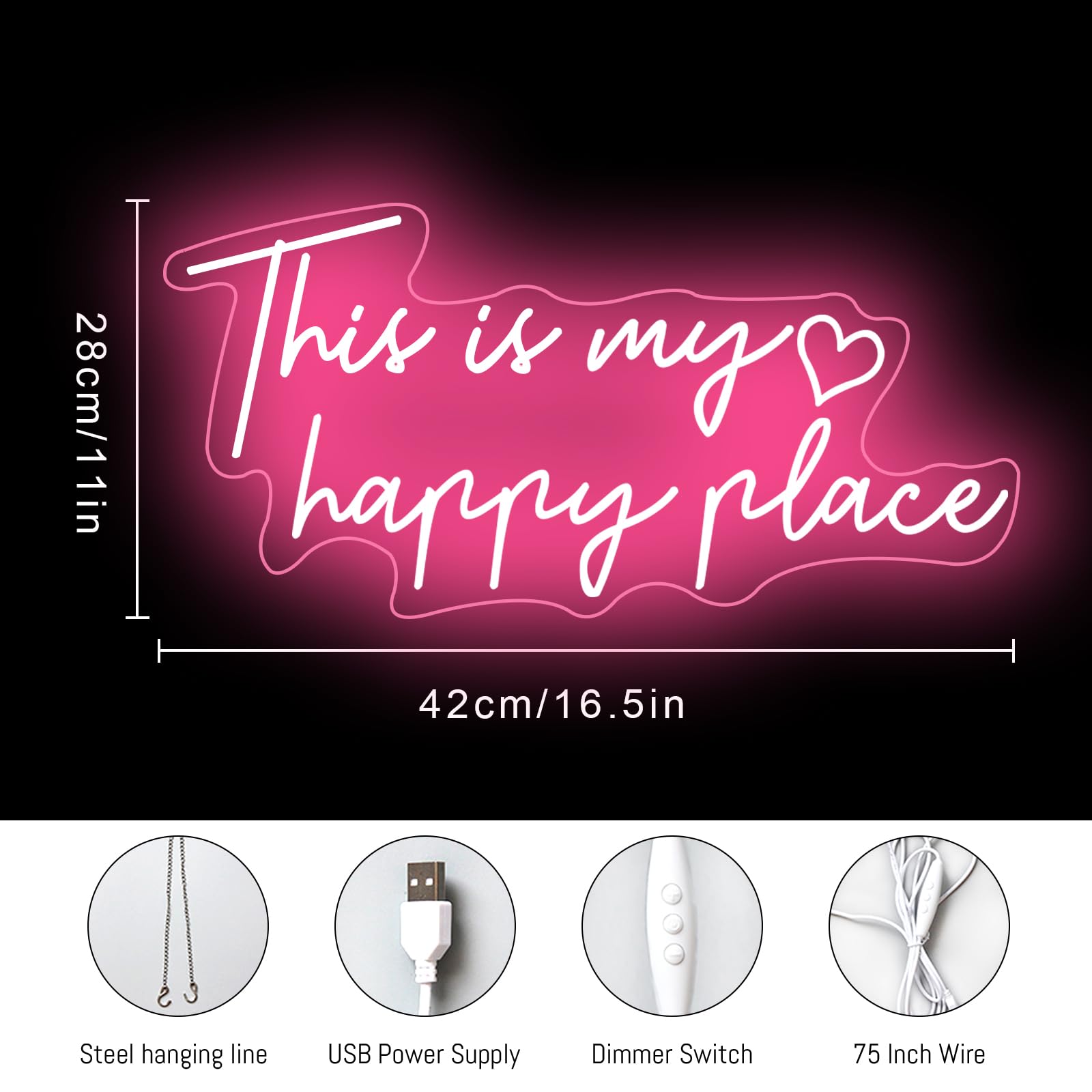 This is My Happy Place Neon Sign Pink LED Neon Sign Aesthetic Room Decor for Teen Girls Neon Light Signs for Bedroom Salon,College Dorm - Image 3