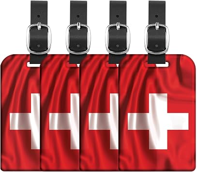[Pack 4] tag8 Swiss Flag Tag Smart Bag tag |Trendy Luggage tag ID Identification | Suitcase Tag | Fashionable Digital Name tag | Airline Compliant, SITA World Tracer Code Enabled | Gift idea
