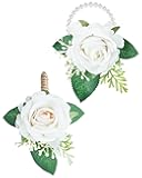 ZUCCIO White Rose Wrist Corsage and Men Boutonniere, Artificial Rose Wrist Boutonnieres Flower for Wedding, Bride, Bridesmaids, Prom, Homecoming, Party