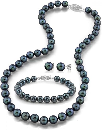 The Pearl SOURCE - Juego de collar, pulsera y pendientes de perlas cultivadas en oro de 14 quilates de 7 a 0.295in de calidad AAA, color negro