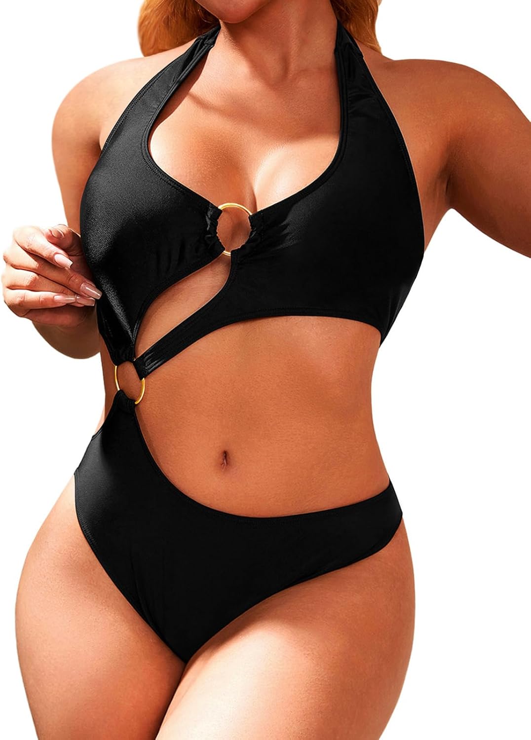 Women One Piece Swimsuit Slimming Cutout Fashoin Swimwear Metal Ring Bathing Suit Female Beachwear