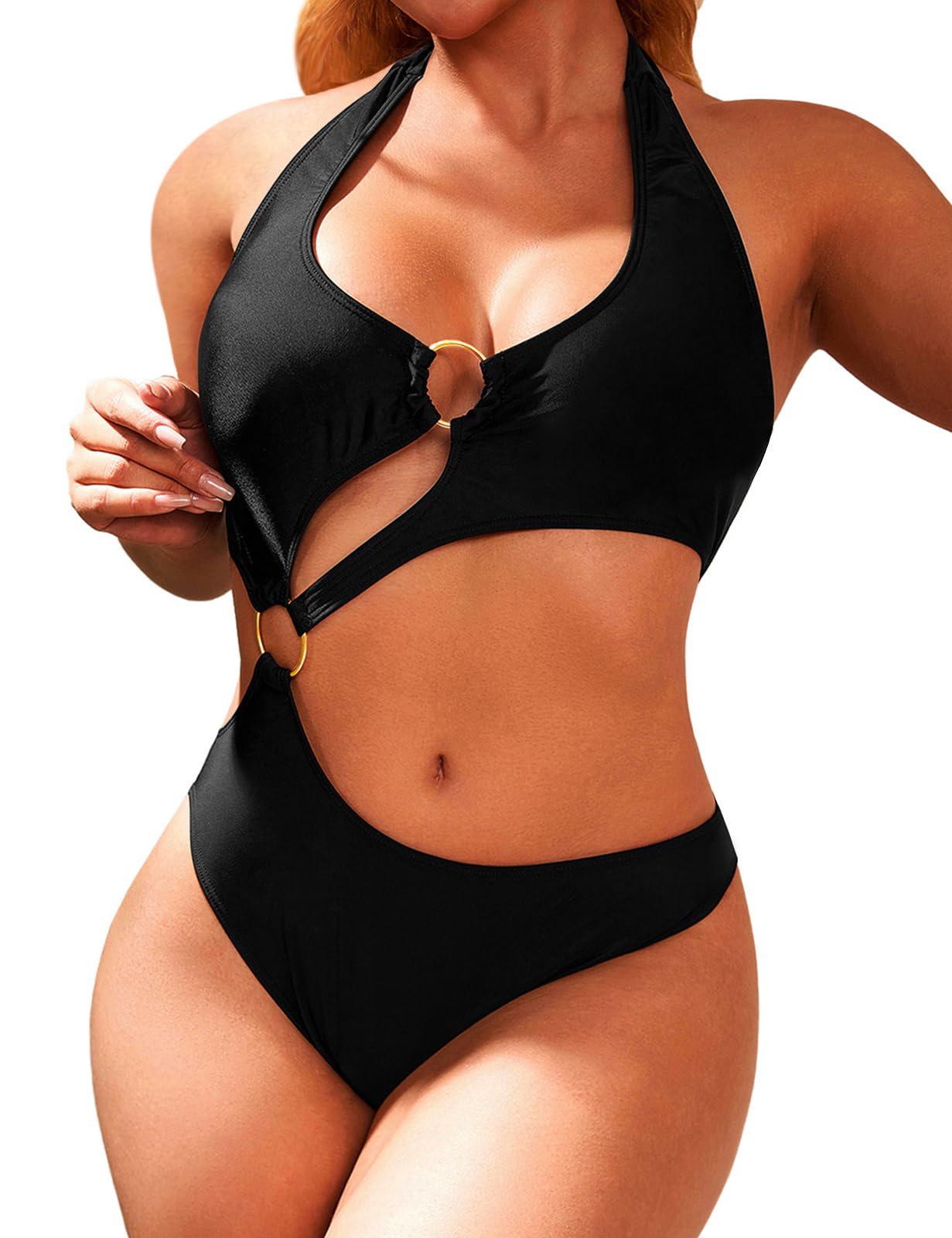 HISAGUHE Women One Piece Swimsuit Slimming Cutout Fashoin Swimwear Metal Ring Bathing Suit Female Beachwear