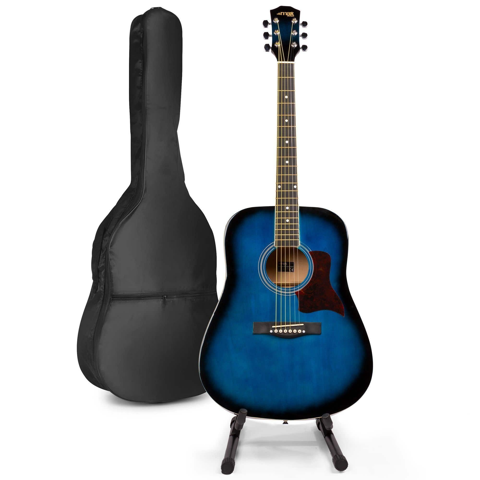 MAX SoloJam Westerngitarre, Akustik Gitarre Set, Acoustic Guitar, Akustikgitarre 4/4 mit Tasche, Gitarrenständer, Plektrum, Stimmgerät, Schultergurt, Stahlsaiten, Anfängergitarre - Blau