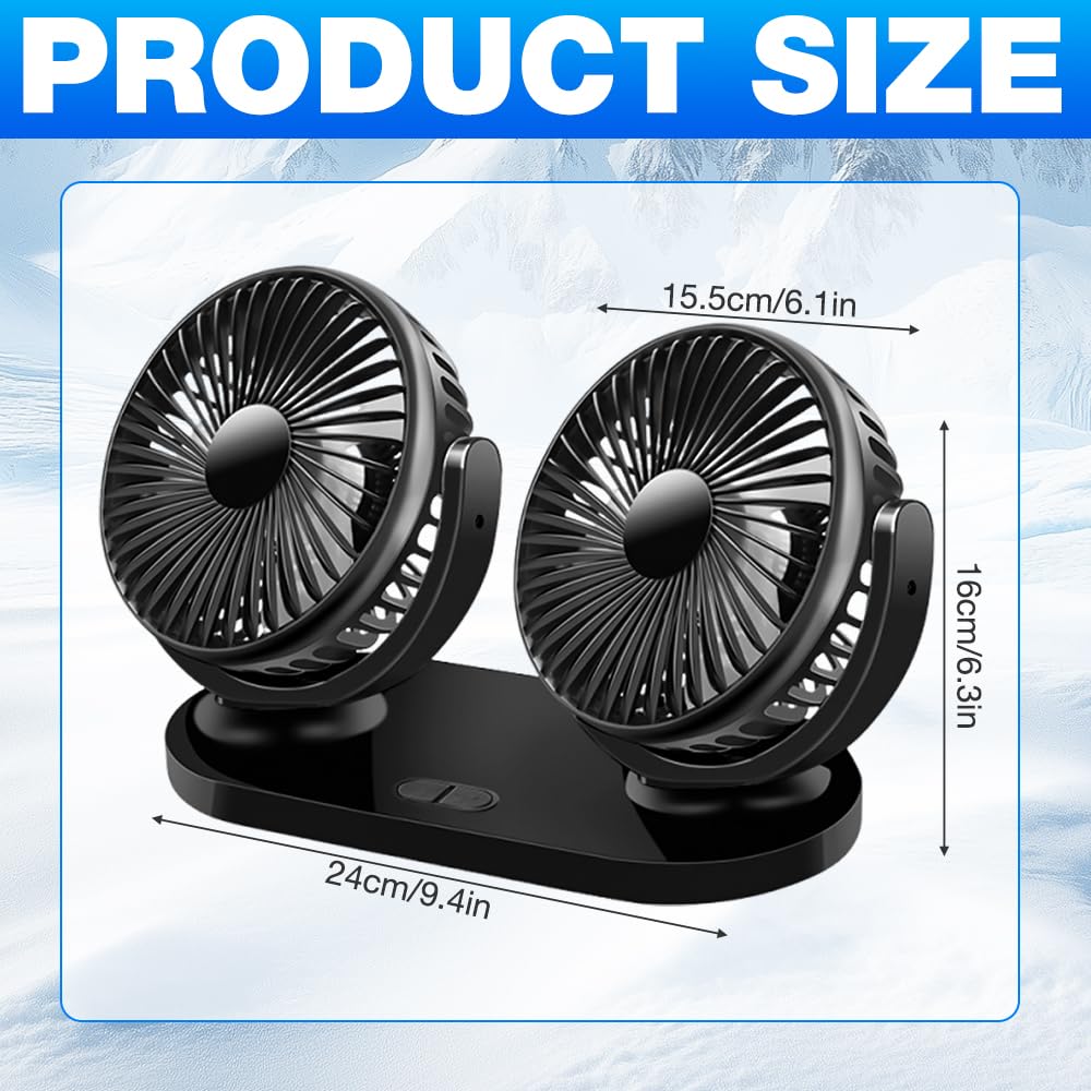 Ventilateur Voiture USB, 360° Rotative Double Tête Ventilateur de Voiture, Ventilateur Camping Car avec 3 Vitesses, Double Tête Ventilateur USB pour Voiture,Maison,Bureau,Camping