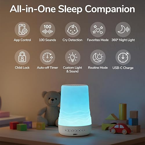 Miniatura 7 de Mewaii Lighthouse - Máquina de sonido de bebé de ruido blanco y luz nocturna, 100 sonidos relajantes, detección de llantos AI, alarma de amanecer,