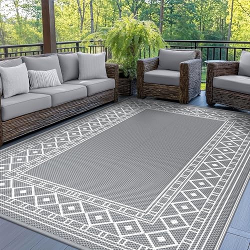 Image of GENIMO Outdoor Rug, Waterproof Plastic Rugs for Patio, 5'x8' Grey White | Outside Larger Modern Carpet Mat for Porch Decor, Deck, Balcony, Camping, RV, Backyard, Picnic, Beach, Reversible, Foldable