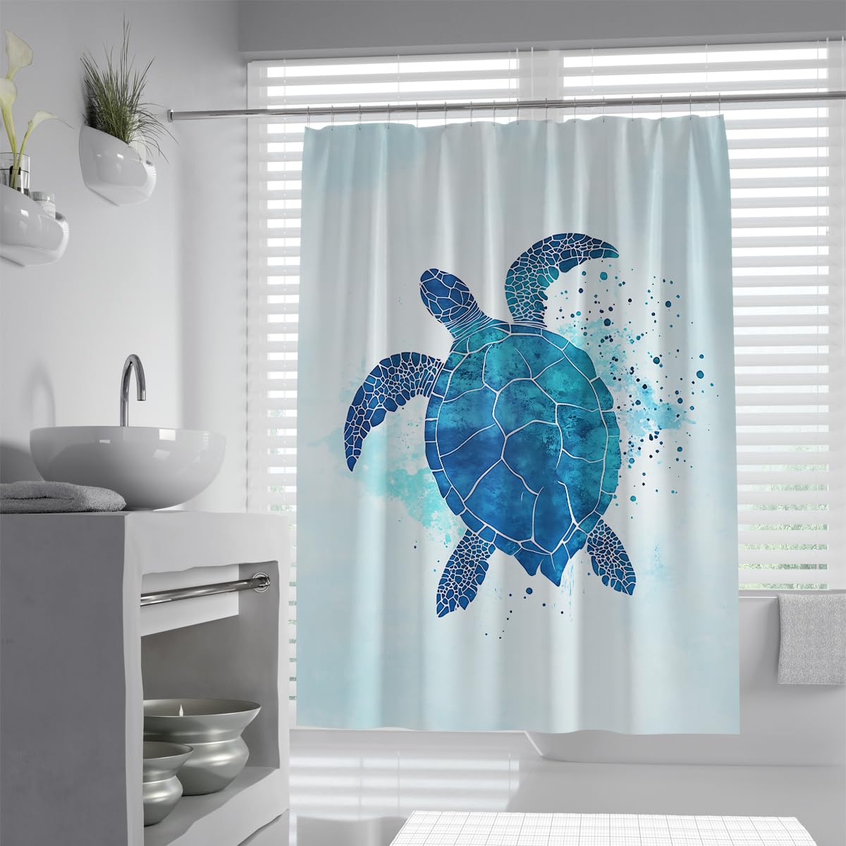 UERWOWELL Nautical Tortoise Shower Curtain Marine Life Turtle Shower Curtain Summer Coastal Theme Beach Bathroom Decor Waterproof Polyester Fabric W180xL220 cm