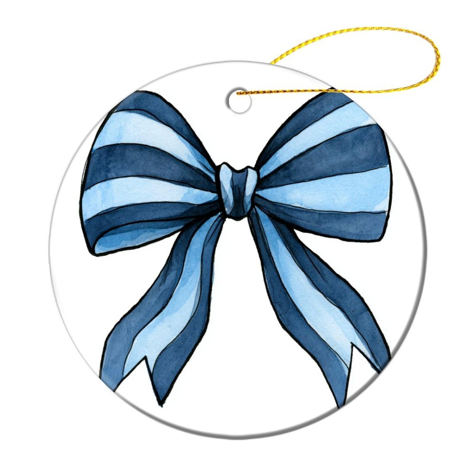 Navy Powder Blue Striped Bow with Ribbon Tails Christmas Tree Hanging Ornaments,2 Pieces, 7.2CM Round Double-Sided