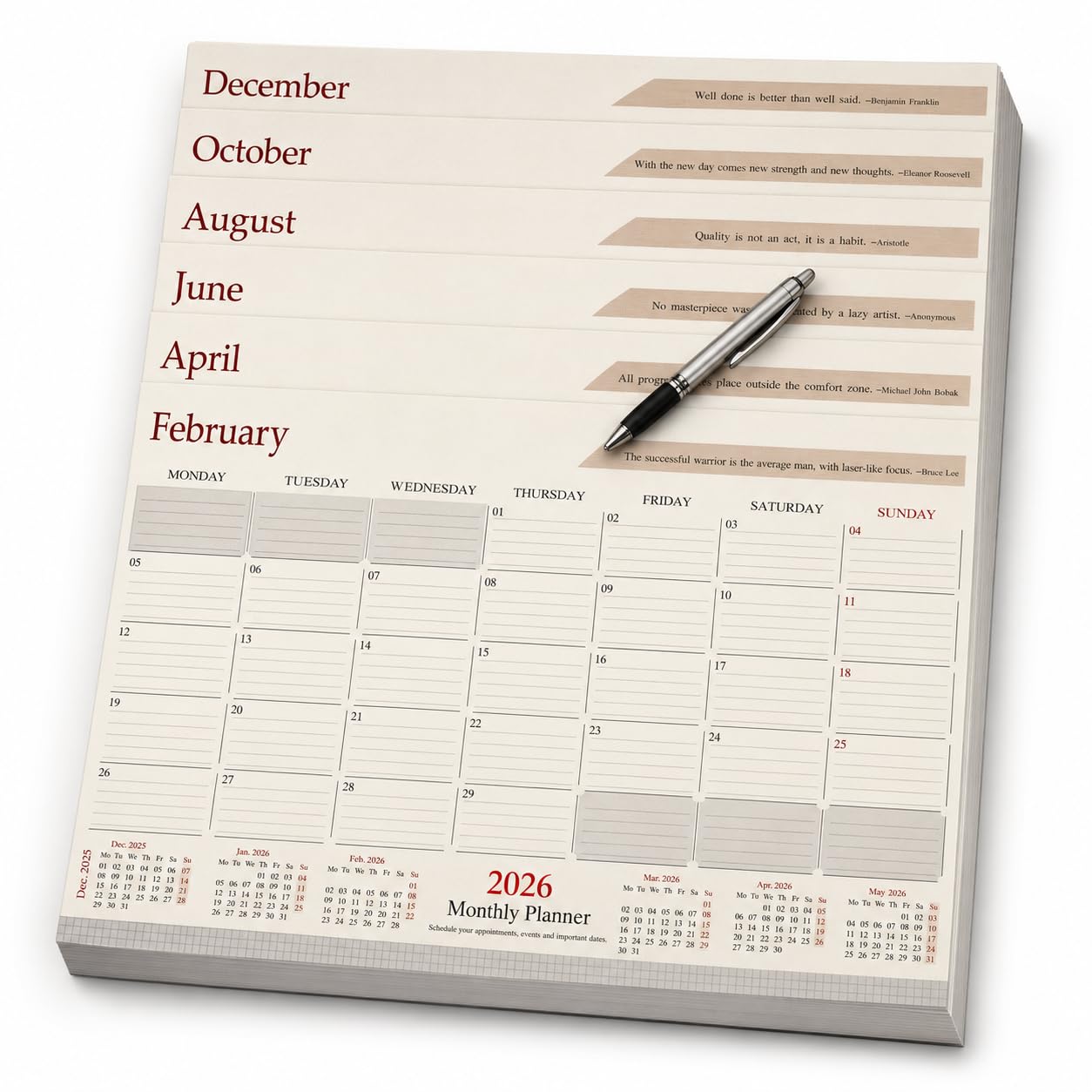 Panku Calendario da tavolo 2026 di ricambio per planner da tavolo, 12 mesi, gennaio 2026, dicembre 2026, 38,1 x 29,9 cm, agenda giornaliera per ufficio