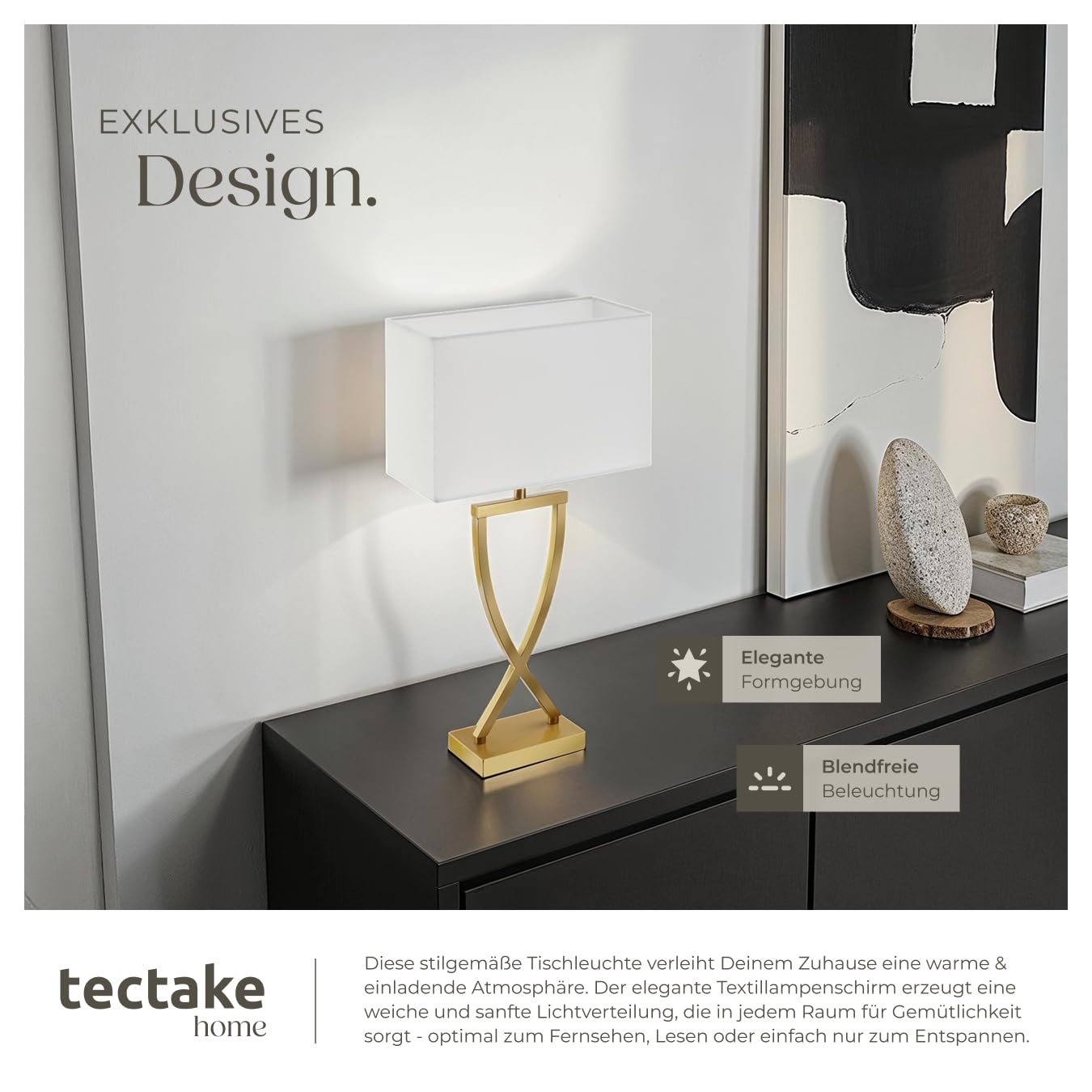 tectake® Nachttischlampe mit Stoffschirm, Schreibtischlampe, E27 Fassung, Deko Tischlampe mit Kippschalter und Kabel, Nachtlicht Lampe, für Schlafzimmer Wohnzimmer, 27 x 12 x 51,5 cm - messingfarben