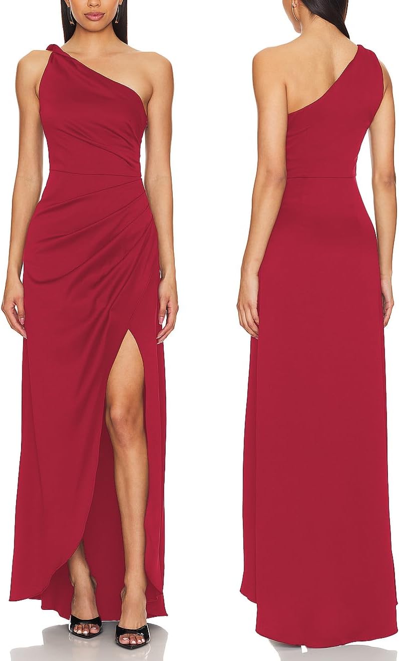 Capuffy Women's Sexy One Shoulder Long Formal Dress Ruched Waist High Split Cocktail Wedding Guest Party Maxi Dress 02