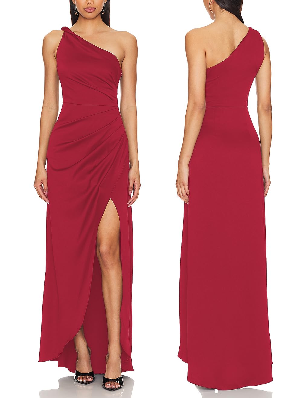 Capuffy Women's Sexy One Shoulder Long Formal Dress Ruched Waist High Split Cocktail Wedding Guest Party Maxi Dress 02