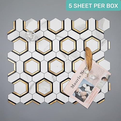Miniatura 5 de 5 hojas de azulejos hexagonales de PVC blanco de mármol con metal dorado autoadhesivo para decoración de mosaico para cocina, pared, azulejos, baño,