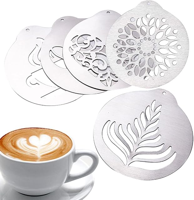 5 Pcs Coffee Stencils, Personalised Stainless Steel Coffee Stencils Cake DIY Decorating Tool for Kitchen and Store Cappuccino Arts Garland Mould