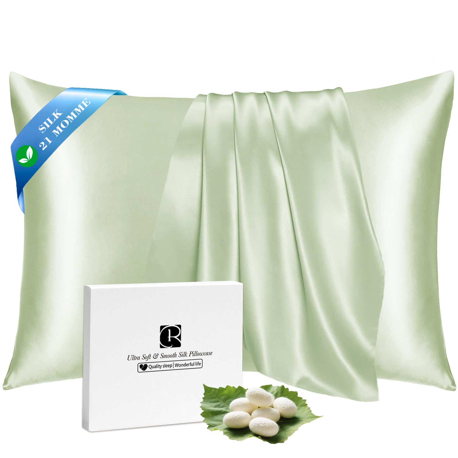 Ravmix Silk Pillow Cases with Zipper, 21momme Mulberry Silk Pillowcase for Hair Skin Health, Soft Smooth Breathable Cool Pillow Cover for Beauty Sleep with Gift Box 1PC(Standard 20"x26", Bean Green)