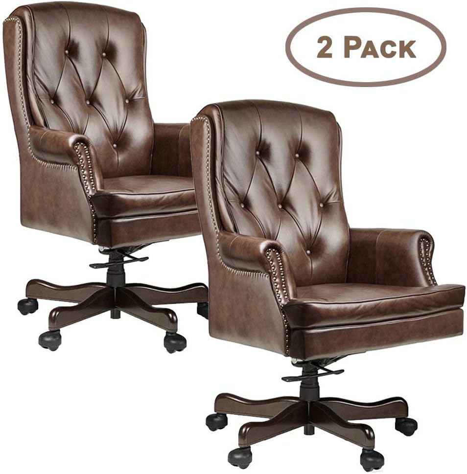 Halter HAL-070 Executive Grain Cow Leather Office Chair, Home & Office Computer Desk CEO Chair, Metal Base w/Wood Caps - Supports 500LBS 2 Pack