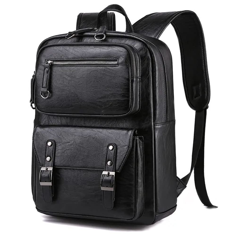 CHAO RAN Leather Backpack For Men Business Laptop Backpack Waterproof Travel Backpack College School Bags, Black, Large, Business