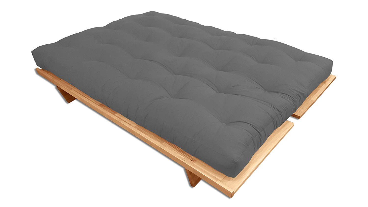 Canapé-lit futon Yokahoma mesurant 200x120x24 cm, en Bois Massif de Couleur Naturelle avec tiroir Frontal et Un futon 100% Coton Finition Gris mesurant 140x200x14 cm.