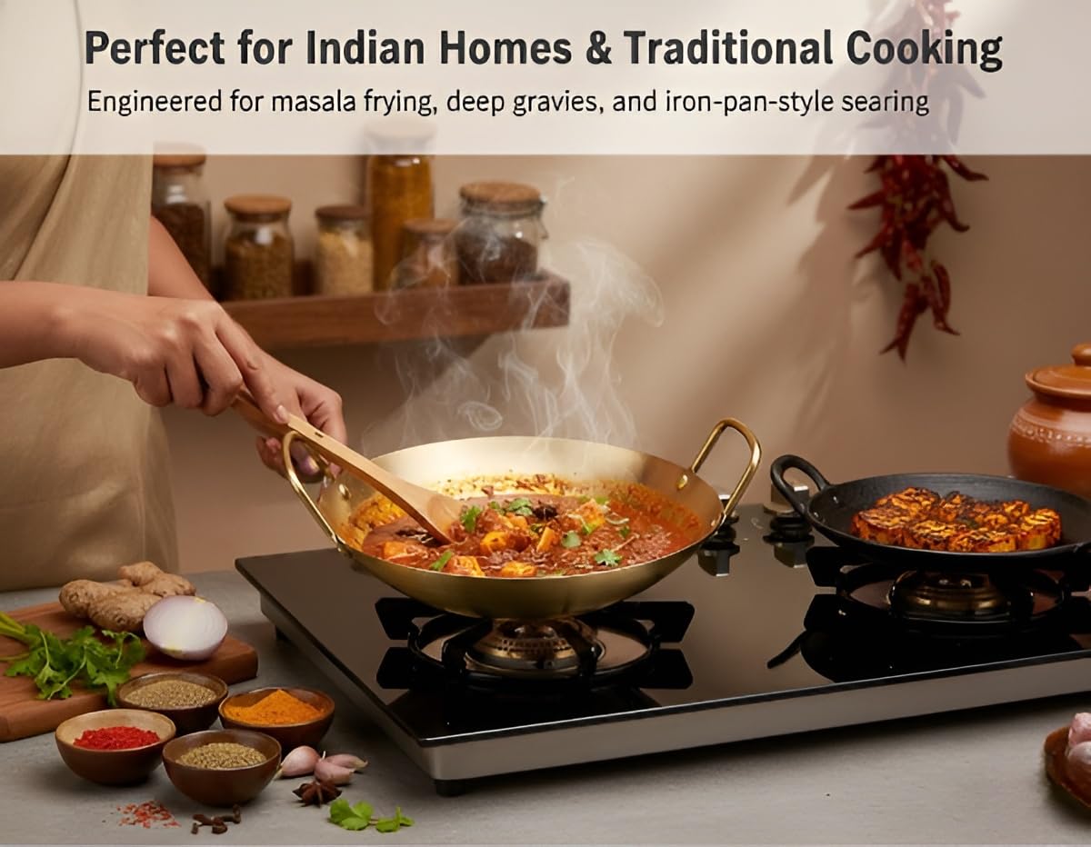 Stainless Steel Wok Round Bottom Dual‑Handled Heavy Wok Traditional Style Frying Pan Deep Kadai Induction Gas Stove Compatible Multi Cooking Stir Fry Pan for Cooking Sauces Soups Easy to Clean