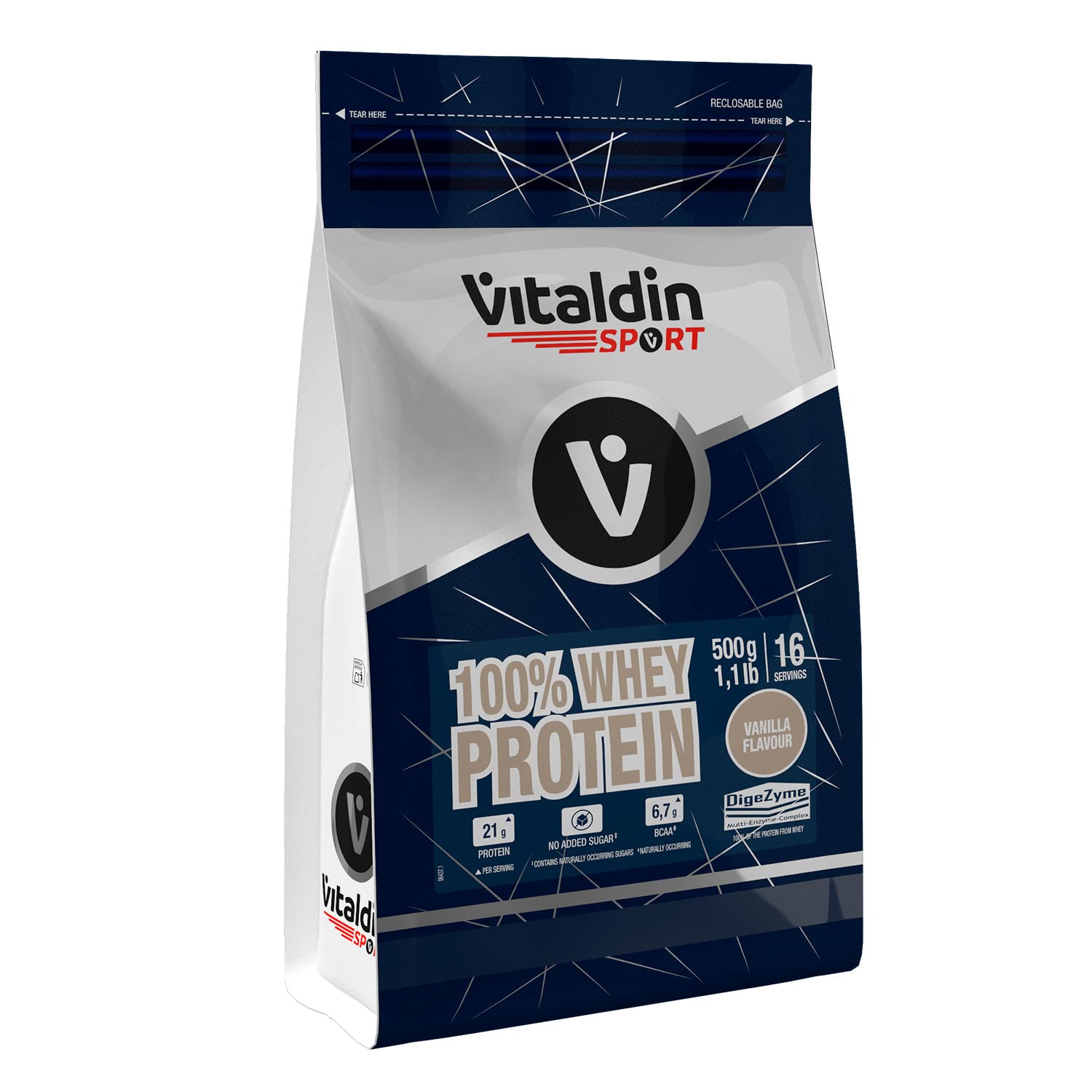 VITALDIN SPORT 100% Whey Protein Vanilla 500 g – 100% białko serwatkowe w proszku z Digezyme – budowa mięśni i regeneracja – smak waniliowy – 6,7 g BCAA na porcję – bez dodatku cukru
