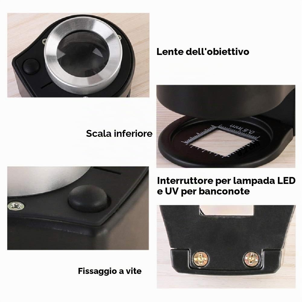 30X Lente D'ingrandimento Illuminata Gioielli, 6 Luci Lente da Tavolo in Metallo Scala Pieghevole Portatile Anello per Occhi Tessile Ottico Strumento Monete Francobolli Valuta Gemme