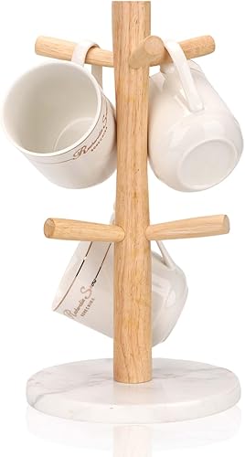 WORHE Soporte para tazas con base de mármol con 6 ganchos, organizador de tazas de café para encimera, soporte redondo para colgar tazas para