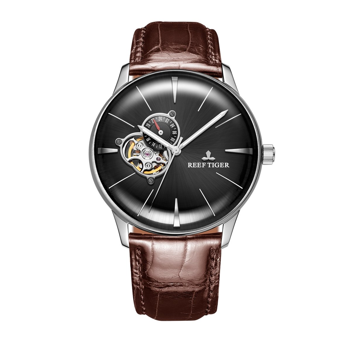 REEF TIGER Dress Watches Convex Lens Watch Men's Steel Automatic Watches Leather Strap RGA8239