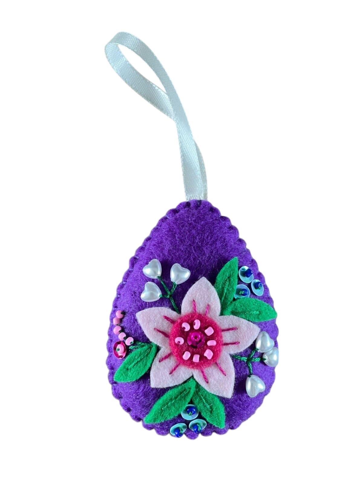 Handmade felt Easter decorations hanging ornaments bunny, chicken, egg (purple egg with flower) โ image 1